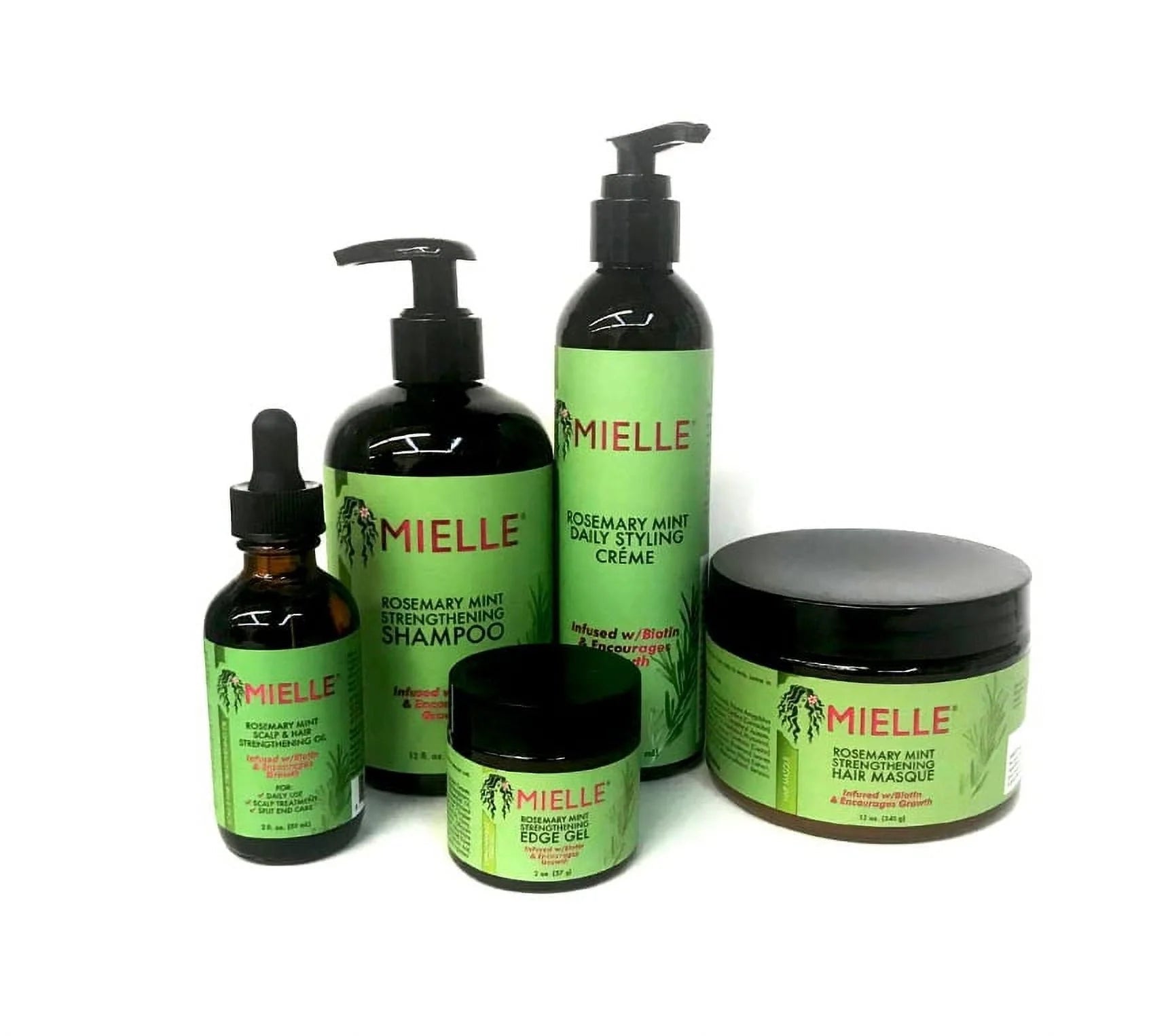 Mielle Rosemary Mint Hair Care Collection featuring shampoo, conditioner, strengthening oil and hair masque for healthier-looking hair