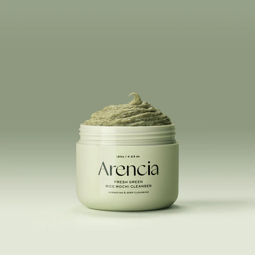 Arencia Fresh Green Rice Mochi Cleanser 120g open jar showing green mochi texture